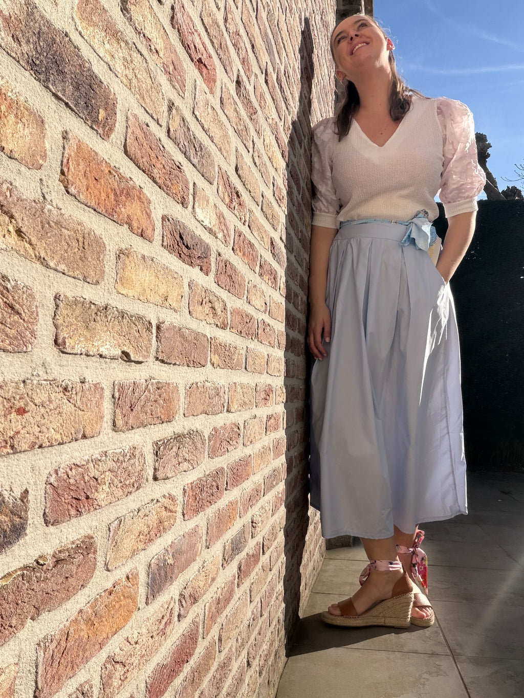 Katoenen rok met satijnen ceintuur - blauw