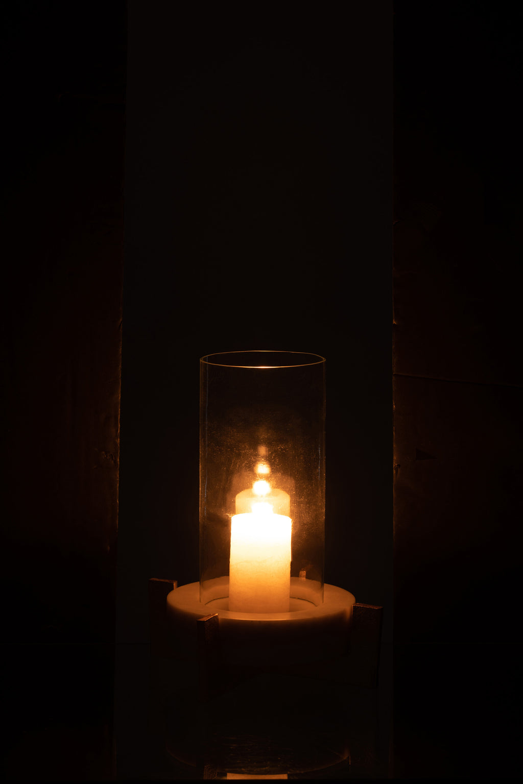 Windlicht Glas Voet Marmer/Metaal Grijs/Champagne Small