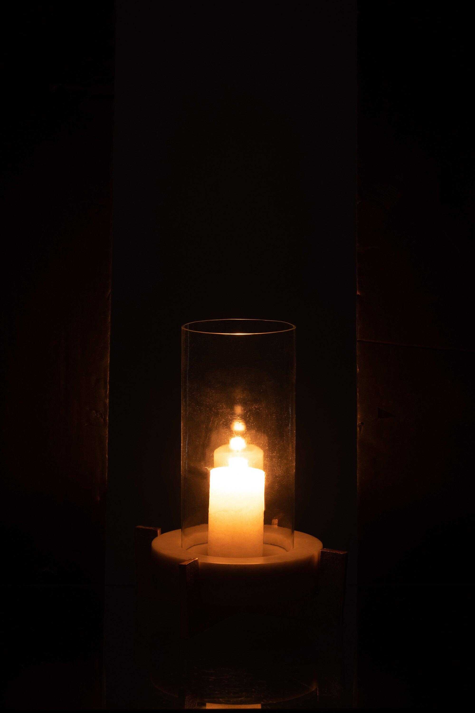 Windlicht Glas Voet Marmer/Metaal Grijs/Champagne Small