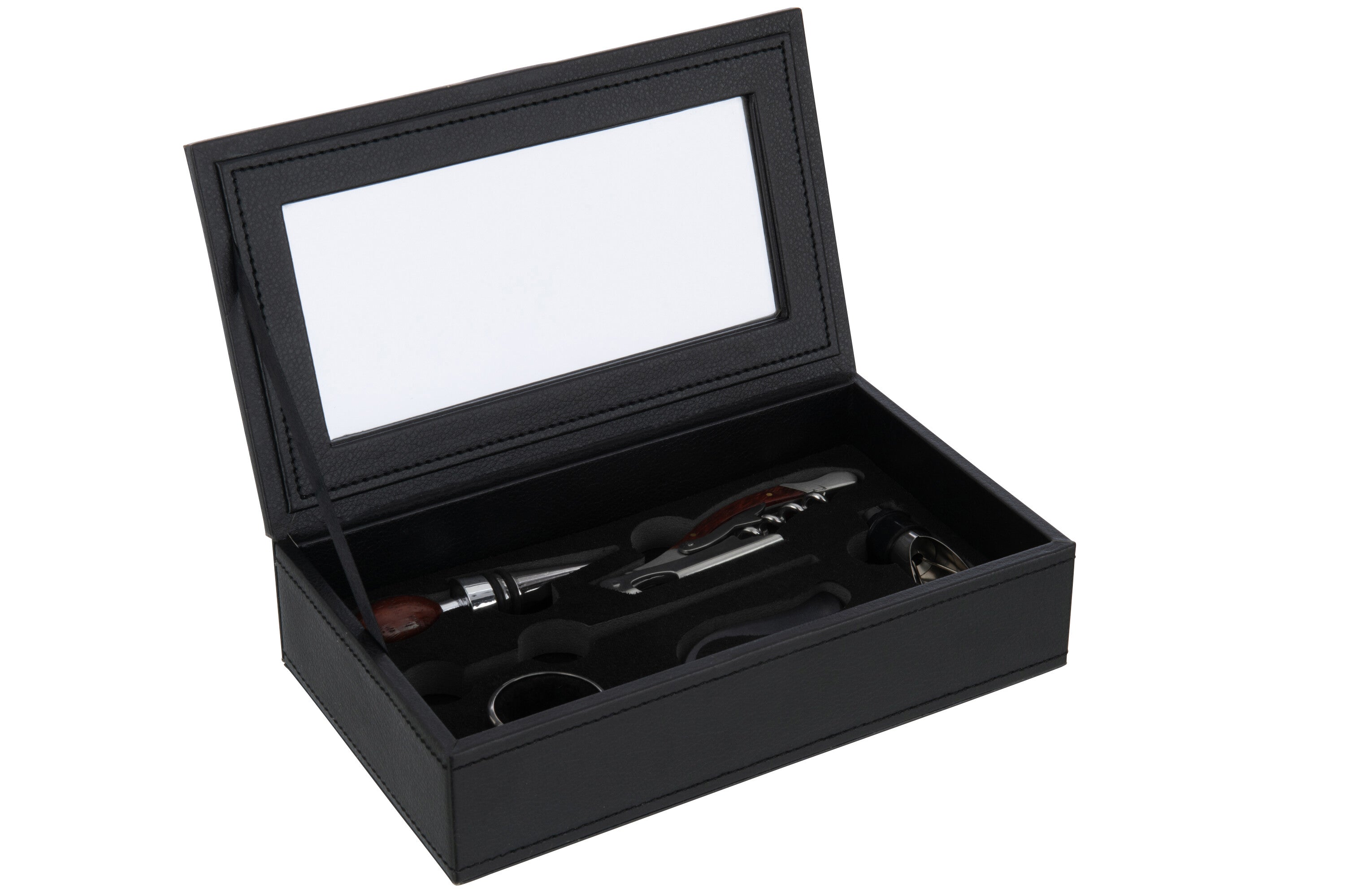 Doos 6 Wijnaccessoires Kunstleder Zwart
