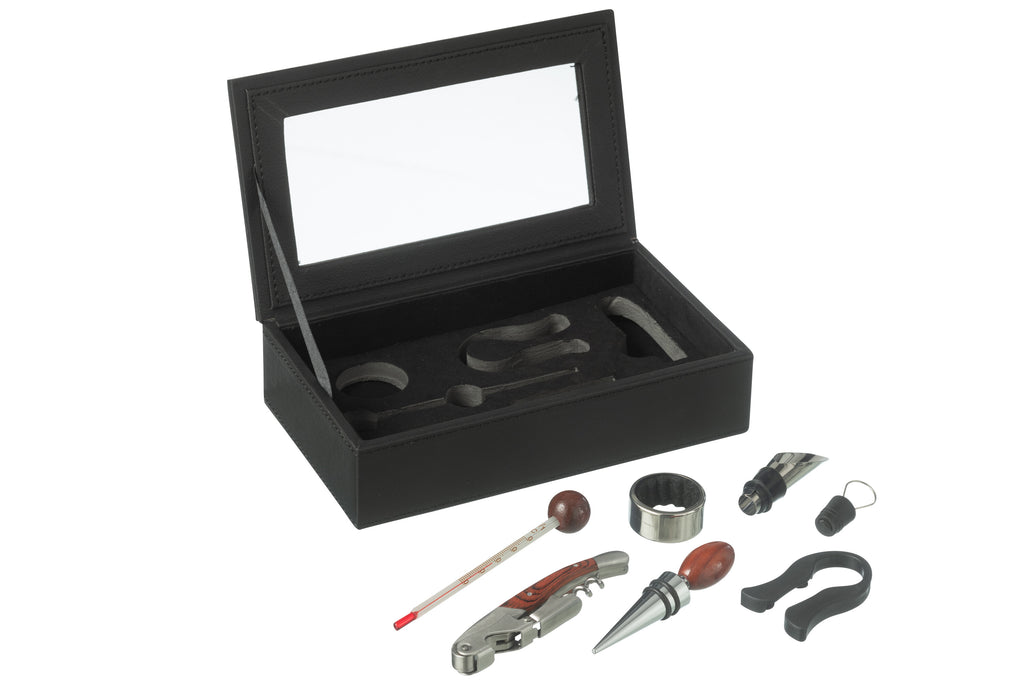 Doos 6 Wijnaccessoires Kunstleder Zwart