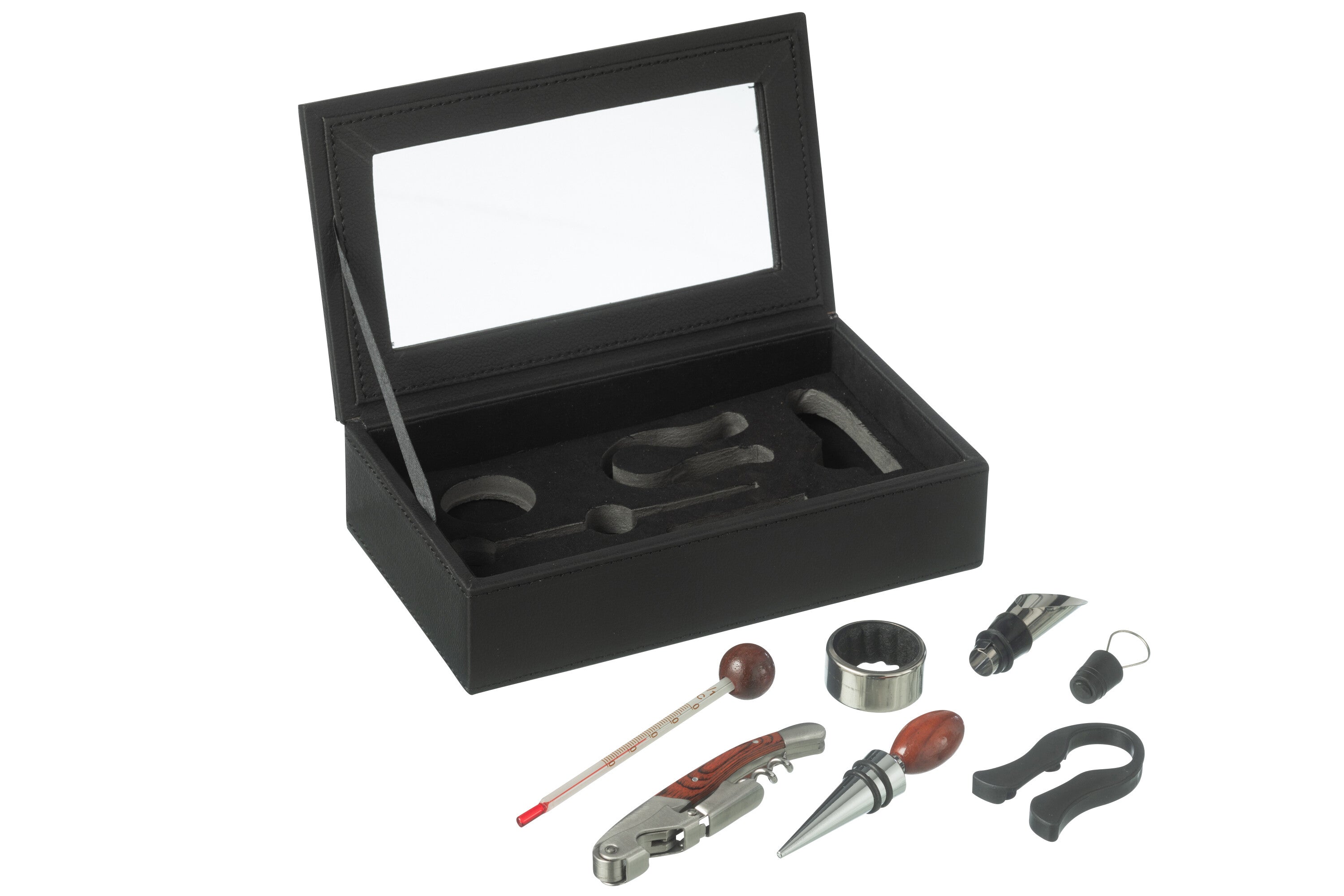 Doos 6 Wijnaccessoires Kunstleder Zwart
