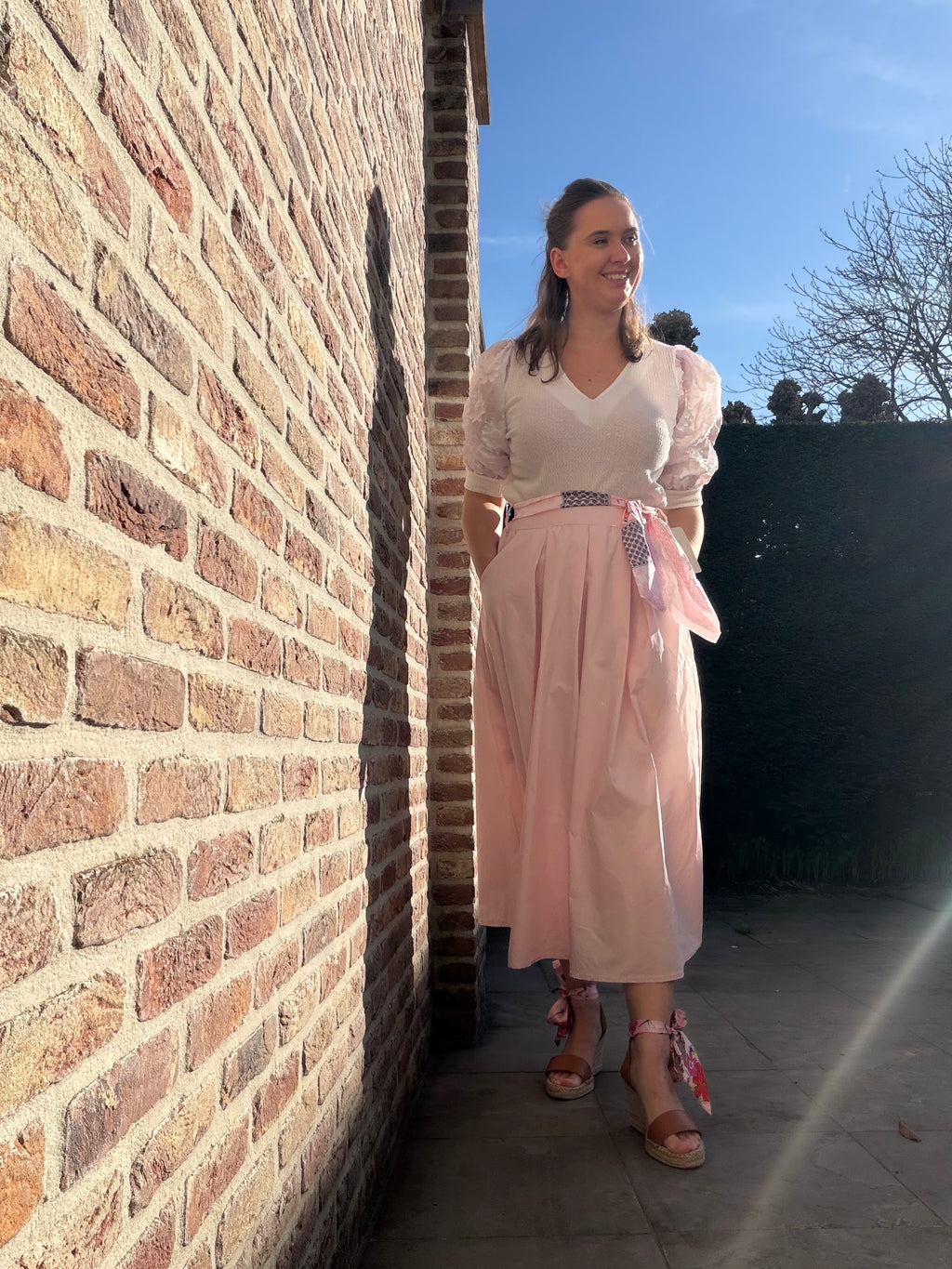 Katoenen rok met satijnen ceintuur - roos