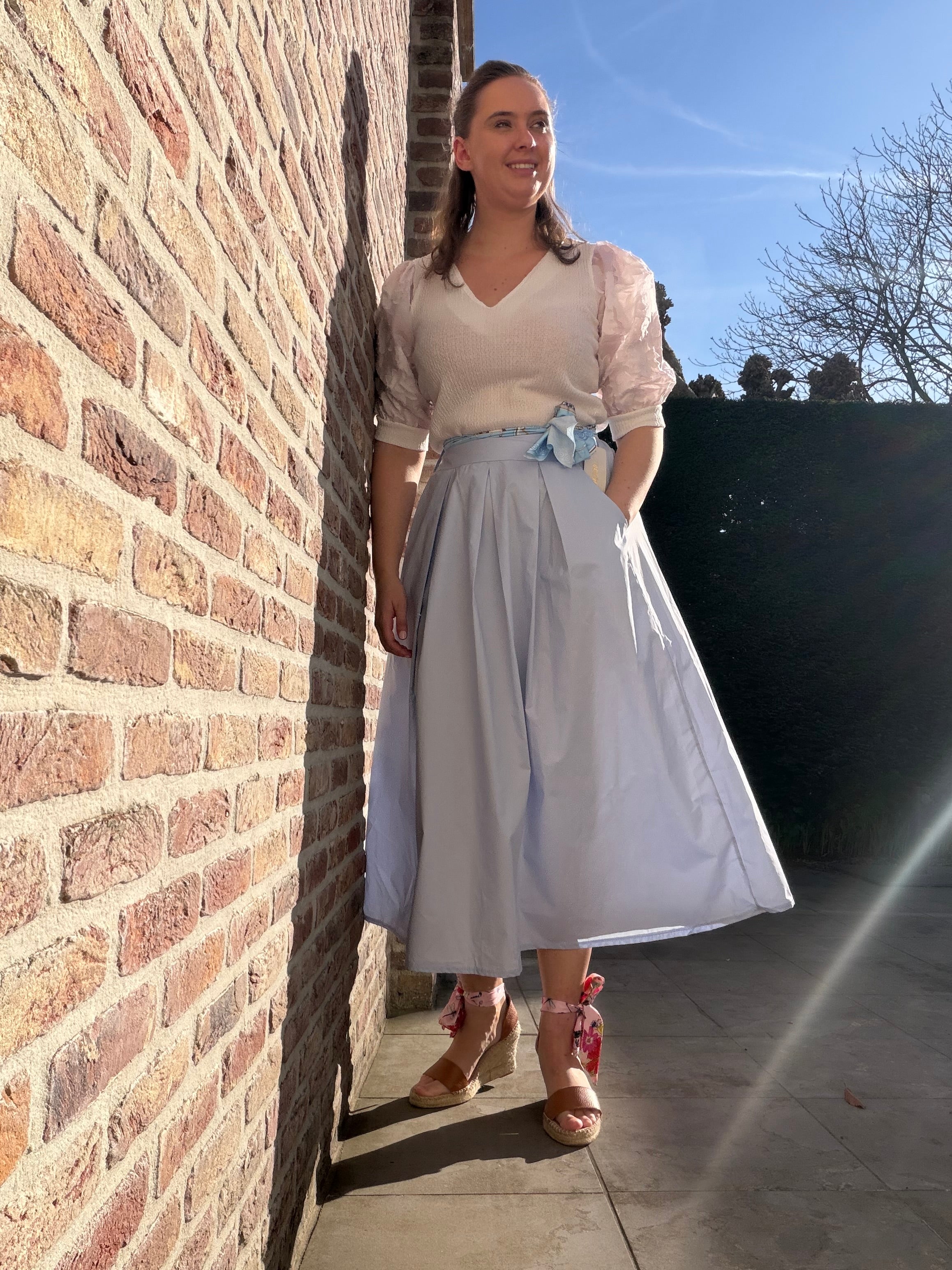 Katoenen rok met satijnen ceintuur - blauw