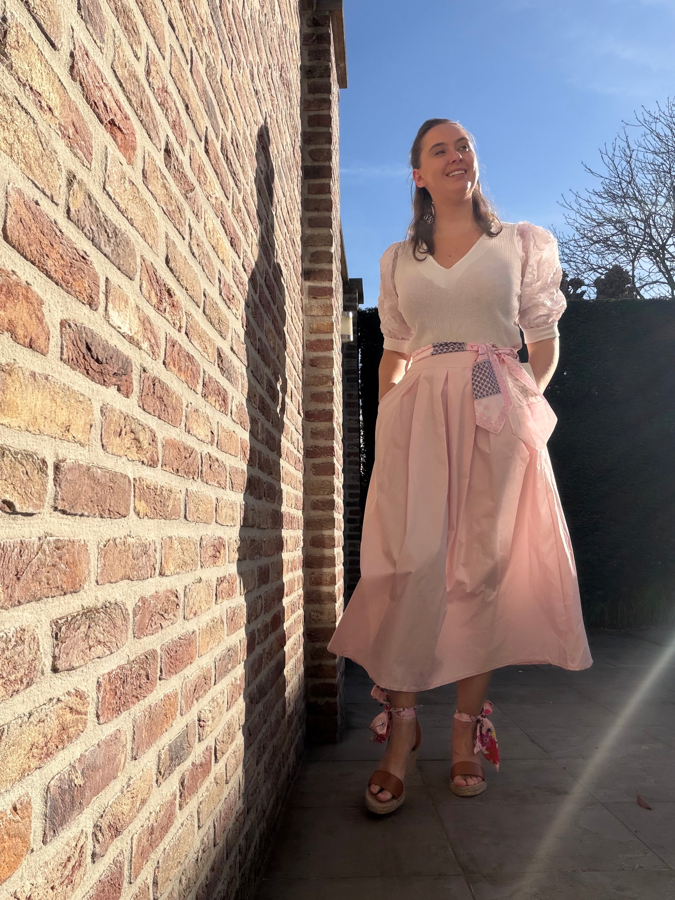 Katoenen rok met satijnen ceintuur - roos