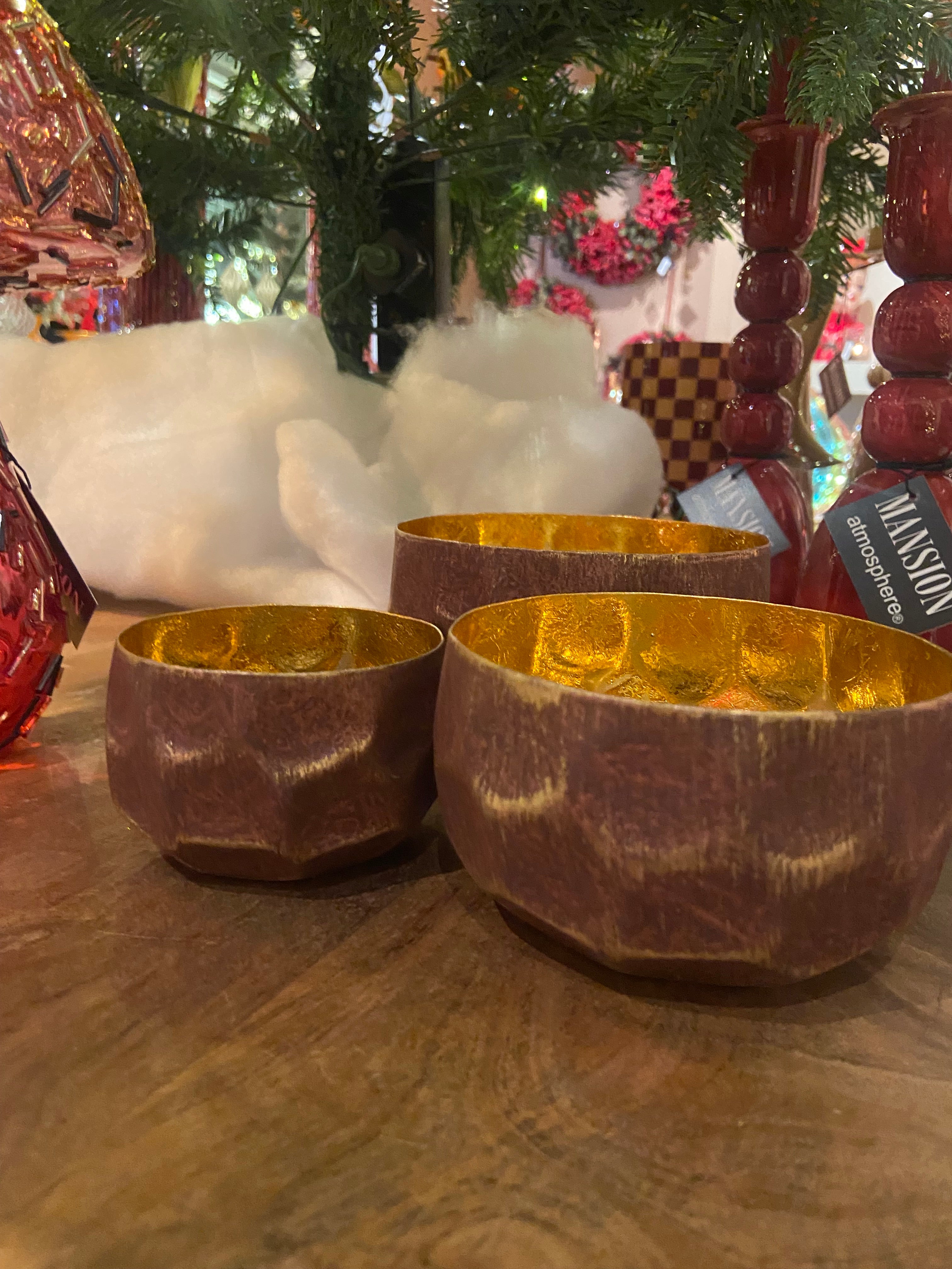 set van 3 kaarsenhouder/schaaltjes burgundy gold