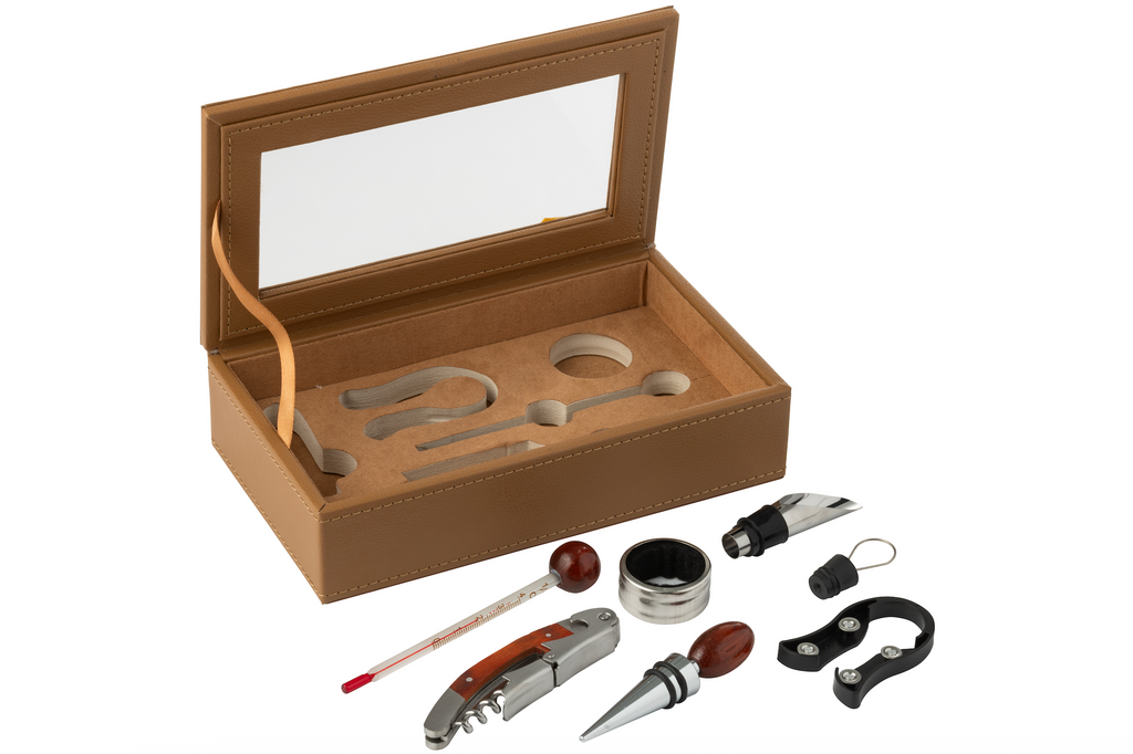 Doos 6 Wijnaccessoires Kunstleder Cognac